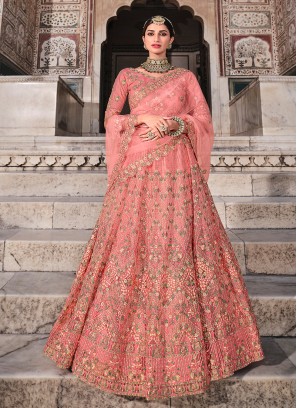 Peach Color Net Embroidered Work Lehenga