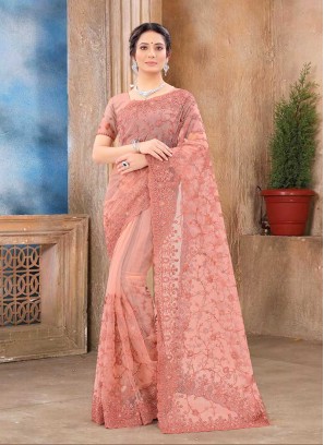 Peach Color Net Latest Saree