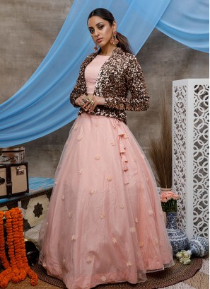 Peach Color Net Lehenga With Jacket