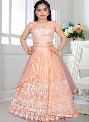 Peach Color Net Lucknowi Work Lehenga