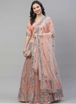 Peach Color Net Sangeet Wear Lehenga