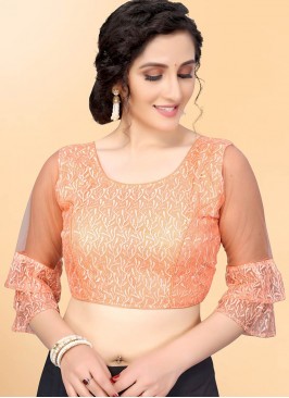 Peach Color Net Sequins Embroidered Blouse