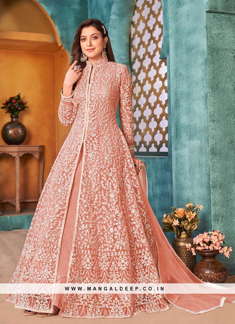 Peach Color Net Sequins Embroidered Long Suit