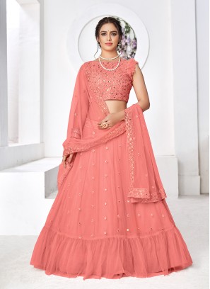 Peach Color Net Sequins Work Lehenga