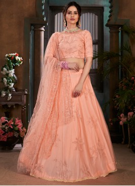 Peach Color Net Thread Embroidered Lehenga