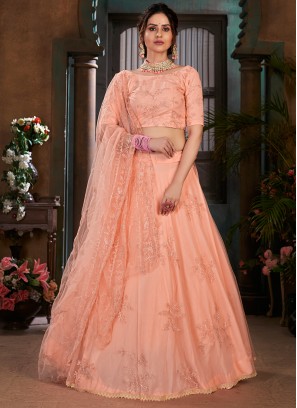 Peach Color Net Thread Embroidered Lehenga