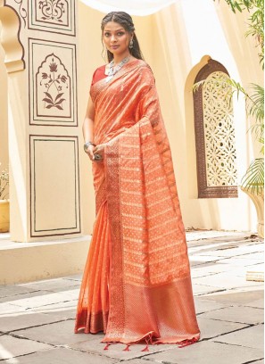 Peach Color Organza Festive Wear Saree