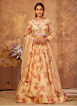 Peach Color Organza Printed Lehenga