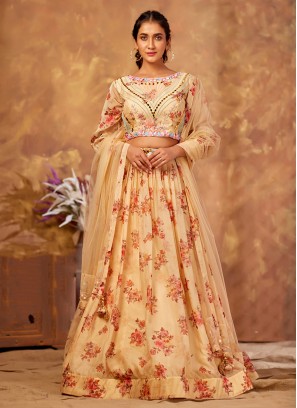 Peach Color Organza Printed Lehenga