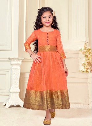 Peach Color Organza Silk Little Girl Kurti