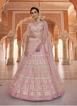 Peach Color Organza Thread Work Lehenga