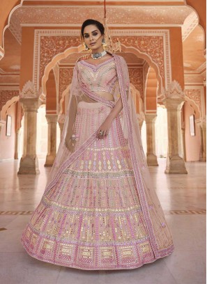 Peach Color Organza Thread Work Lehenga