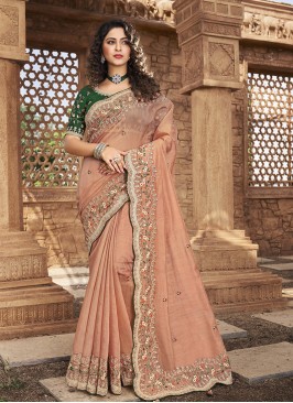 Peach Color Organza Thread Work Lehenga