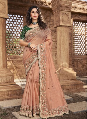 Peach Color Organza Thread Work Lehenga