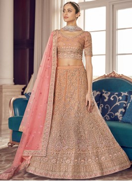 Peach Color Organza Zarkan Work Lehenga