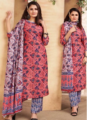 Peach Color Printed Maslin Readymade Suit