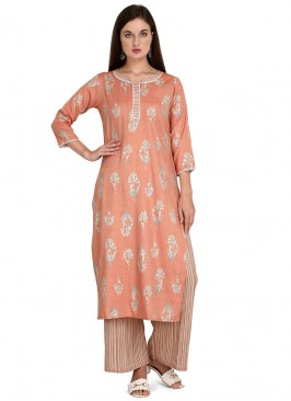 Peach Color Rayon Kurti With Bottom