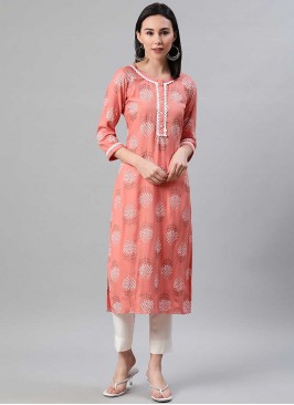 Peach Color Rayon Kurti With Bottom