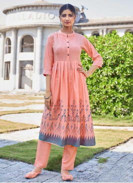 Peach Color Rayon Kurti With Bottom