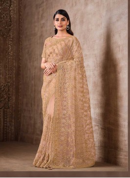 Peach Color Resham Work Net Saree