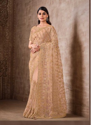 Peach Color Resham Work Net Saree