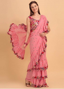Peach Color Ruffle Style Georgette Saree