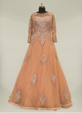 Peach Color Sequins Work Engagement Dresses For Birde