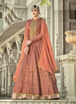 Peach Color Silk Embroidered Ladies Suit