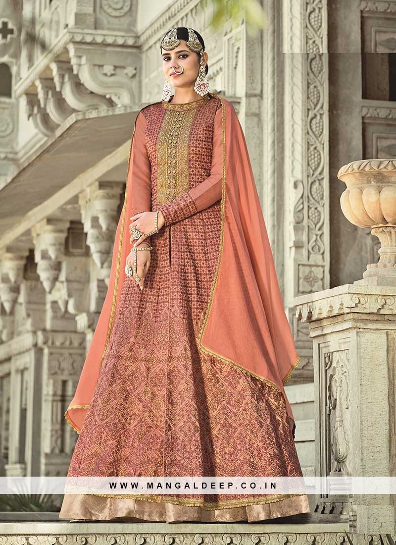 Peach Color Silk Embroidered Ladies Suit