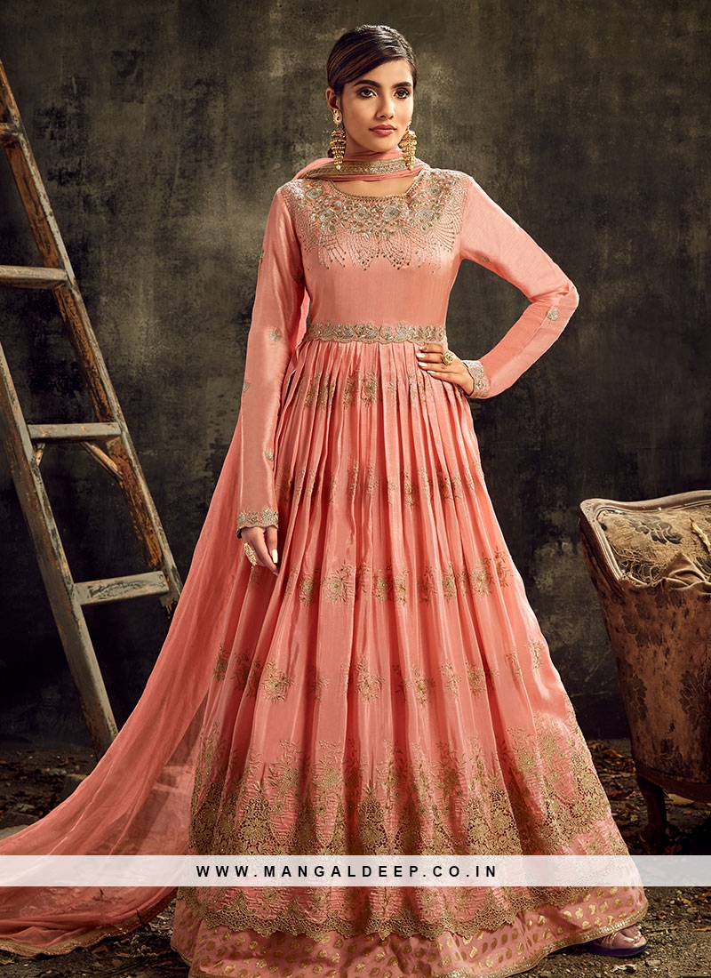 Peach Color Silk Embroidered Long Anarkali Dress