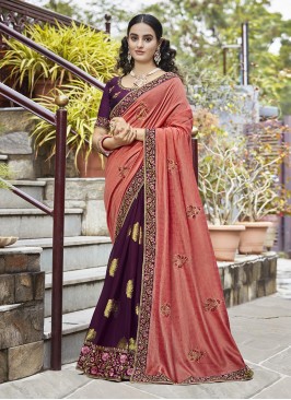 Peach Color Silk Embroidered Saree For Party