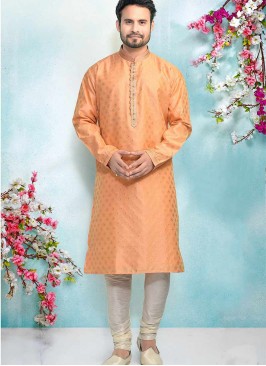 Peach Color Silk Kurta Pajama For Mens