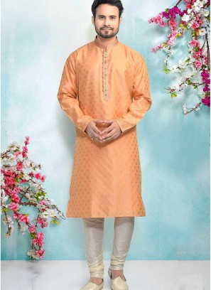 Peach Color Silk Kurta Pajama For Mens