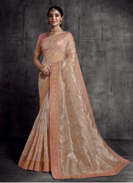 Peach Color Silk Lace Border Saree