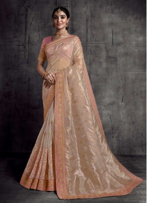 Peach Color Silk Lace Border Saree