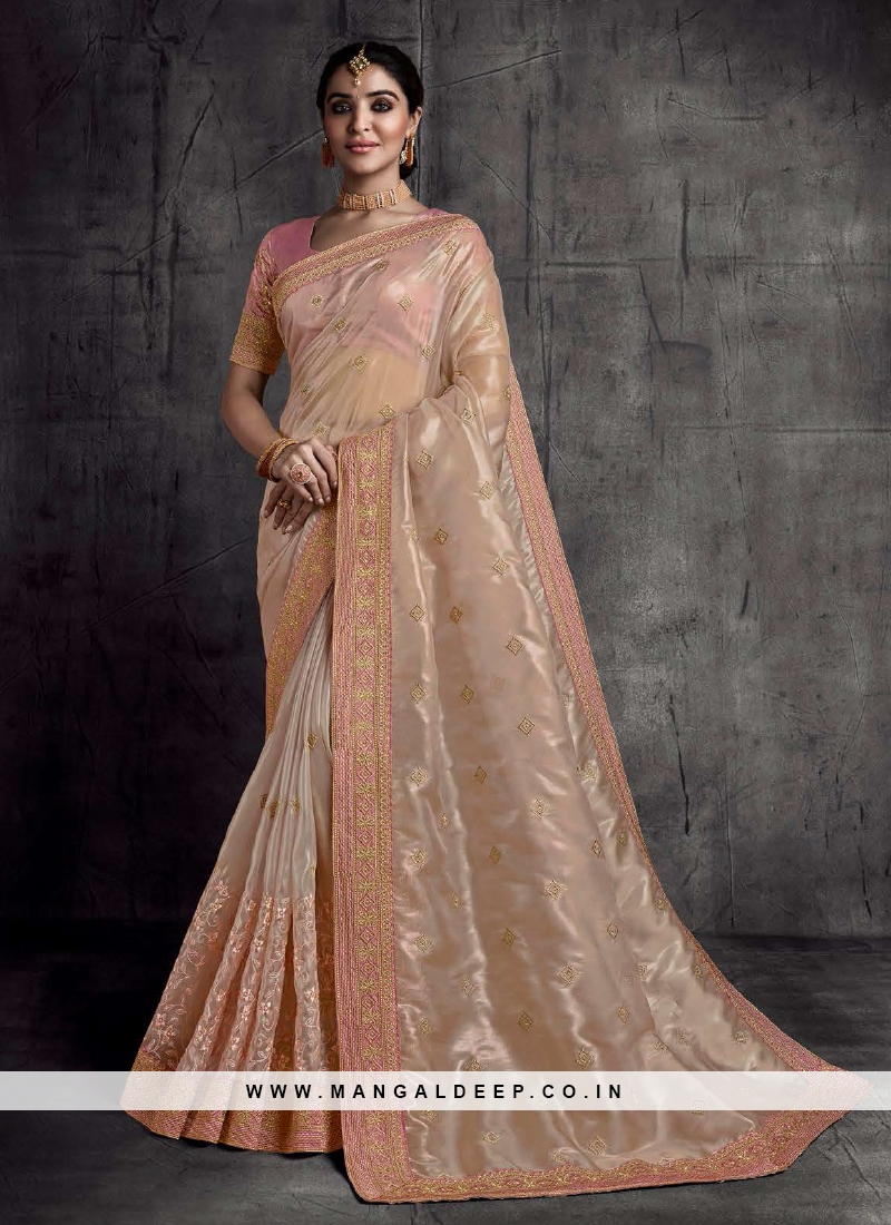 Peach Color Silk Lace Border Saree