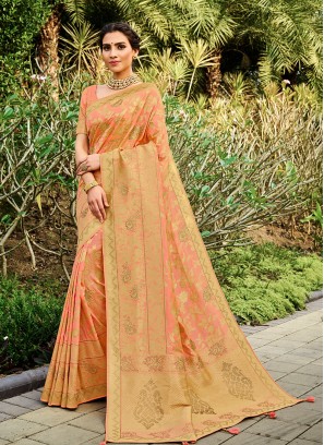 Peach Color Silk Latest Design Saree