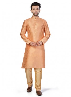 Peach Color Silk Mens Kurta Set