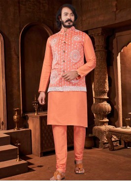 Peach Color Silk Mirror Work Kurta With Jacket