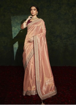 Peach Color Silk Wedding Wear Saree