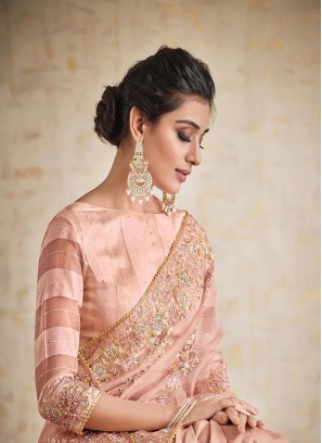 Peach Colour Flora Embroidery Work Saree