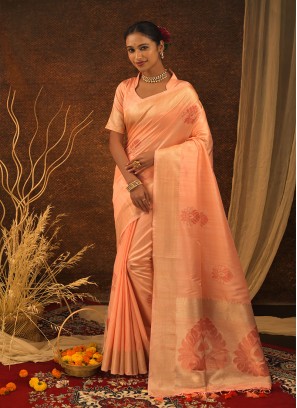 Peach Colour Mulberry Silk Embroidery Work Saree