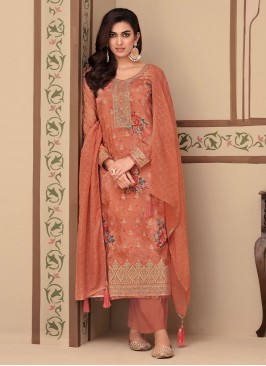 Peach Digital Print Jacquard Silk Trendy Salwar Kameez