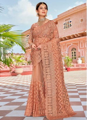 Peach Embroidered Net Contemporary Saree