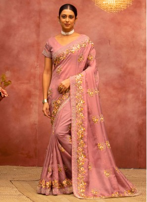 Peach Embroidered Traditional Saree