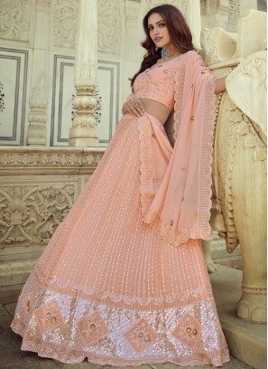 Peach Faux Georgette Mehndi Lehenga Choli