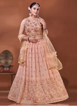 Peach Georgette Mehndi A Line Lehenga Choli