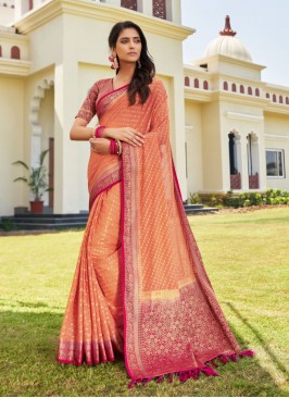 Peach Georgette Woven Classic Saree