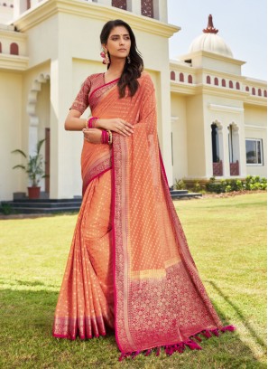 Peach Georgette Woven Classic Saree