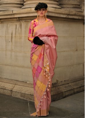 Peach Handloom silk Contemporary Saree